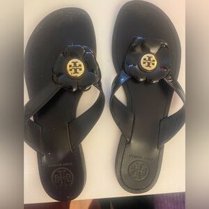 Tory Burch Black Flip Flops with Gold Emblem